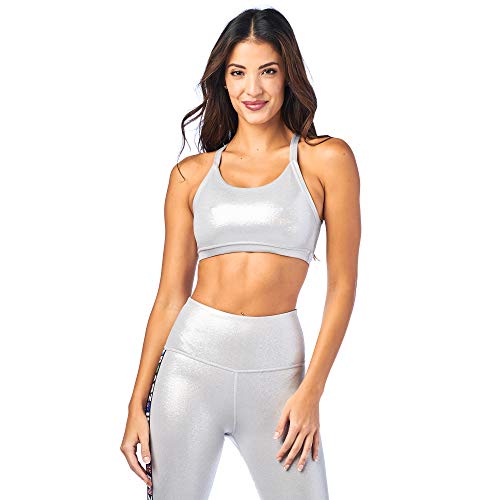 Zumba Athletic Dance Fitness High Impact Workout Metallic Sports Bra For Women Sujetador Deportivo, Silver, S para Mujer