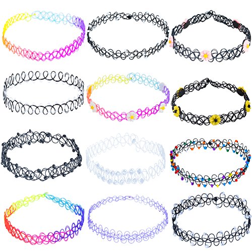 ZWOOS Gótico Collar Cadena 12pcs Doble Línea Collar del Tatuaje del Vintage Gargantilla Elástico(Flor)