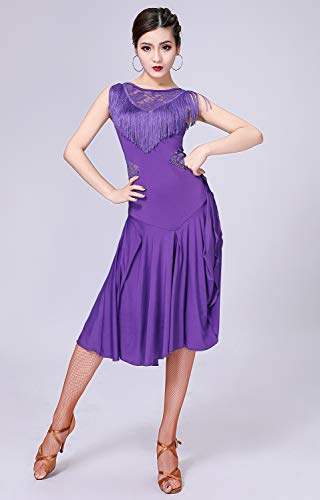 ZX Vestidos de baile de salón para mujer con flecos de encaje en la espalda Salsa vestido de danza latina con pantalones cortos (5 colores) - morado - Large