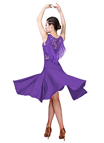 ZX Vestidos de baile de salón para mujer con flecos de encaje en la espalda Salsa vestido de danza latina con pantalones cortos (5 colores) - morado - Large