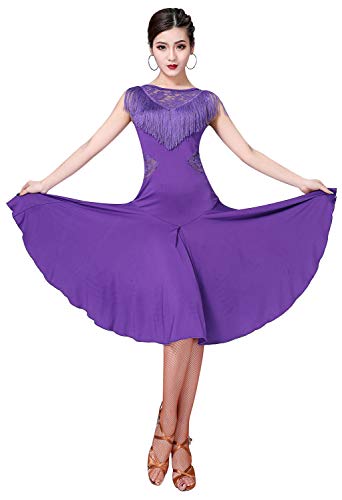 ZX Vestidos de baile de salón para mujer con flecos de encaje en la espalda Salsa vestido de danza latina con pantalones cortos (5 colores) - morado - Large