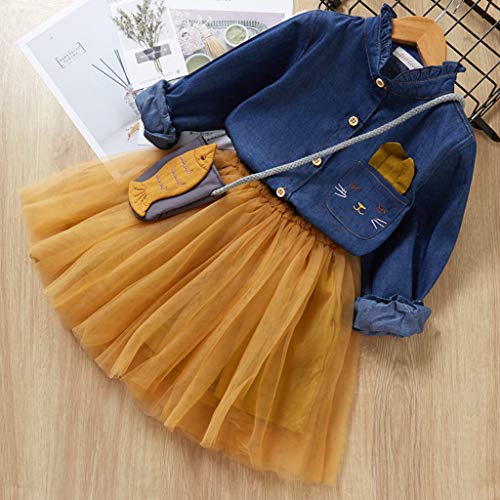 2-7 Años,SO-buts Pequeños Bebé Niña Otoño Invierno Falda De Tul + Botón De Manga Larga Camiseta Vaquera + Bolso Trajes De Princesa Conjunto Vestidos De Novia De Fiesta (Amarillo,4-5 años)