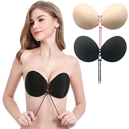 2 Pack Sujetador Adhesivo, Sin Tirantes Mujeres Reutilizable Invisible Sujetador Push UP Bra con Gel Adhesivo y Ajustable String (C, Negro/Rosa)