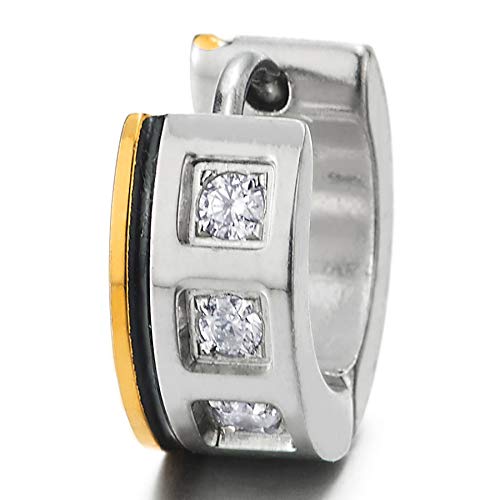 2 Pendientes del Aro con Zirconio Cúbico, Pendientes para Hombres Mujer, Acero Inoxidable, Oro Plata Negro