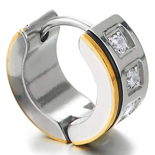 2 Pendientes del Aro con Zirconio Cúbico, Pendientes para Hombres Mujer, Acero Inoxidable, Oro Plata Negro