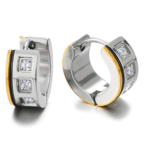 2 Pendientes del Aro con Zirconio Cúbico, Pendientes para Hombres Mujer, Acero Inoxidable, Oro Plata Negro