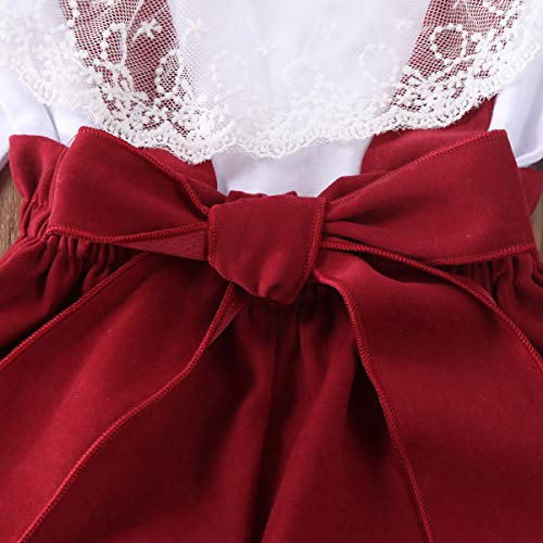2 UDS Conjunto Verano Elegante Bebé Niña Camisa Blanca Suéter Manga Larga Solapa Encaje+Pantalones de Tirantes Elásticos Rojos con Lazo 0-24 Meses