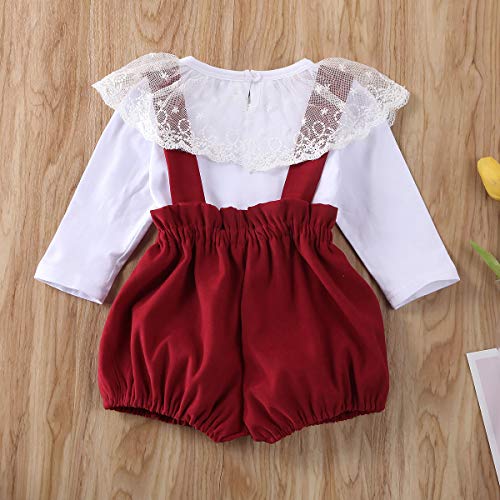 2 UDS Conjunto Verano Elegante Bebé Niña Camisa Blanca Suéter Manga Larga Solapa Encaje+Pantalones de Tirantes Elásticos Rojos con Lazo 0-24 Meses