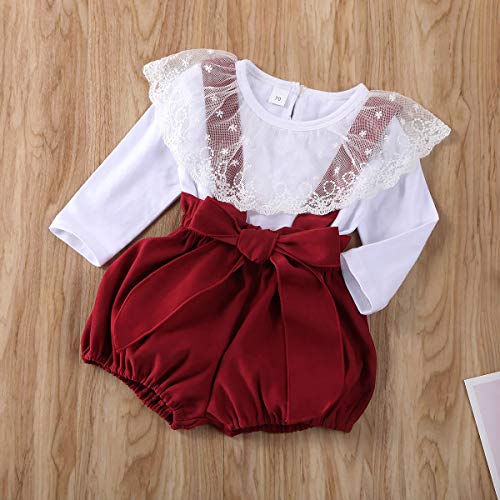 2 UDS Conjunto Verano Elegante Bebé Niña Camisa Blanca Suéter Manga Larga Solapa Encaje+Pantalones de Tirantes Elásticos Rojos con Lazo 0-24 Meses