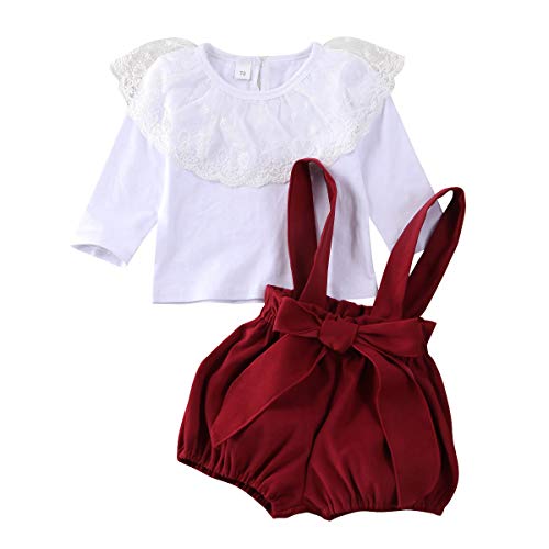 2 UDS Conjunto Verano Elegante Bebé Niña Camisa Blanca Suéter Manga Larga Solapa Encaje+Pantalones de Tirantes Elásticos Rojos con Lazo 0-24 Meses