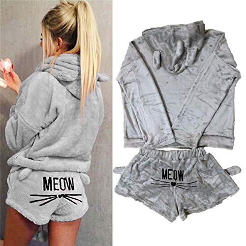 2 unids Mujeres Gato Pijamas Cute Girls Meow Sleepwear Suave Albornoz Shorts Winter Lounge Sleepwear Sets (Color : Gray, Size : M)