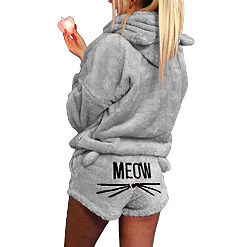 2 unids Mujeres Gato Pijamas Cute Girls Meow Sleepwear Suave Albornoz Shorts Winter Lounge Sleepwear Sets (Color : Gray, Size : M)