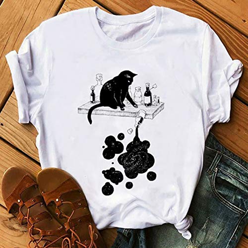 2021 Nuevo Camiseta Mujer Verano Manga Corta Gato Negro Impresión Animal Moda Blusa Camisa Cómodo Cuello Redondo Basica Camiseta Suelto Tops Casual Fiesta T-Shirt Original tee