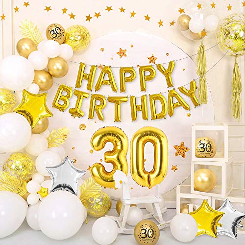 30 Cumpleaños Decoraciones para Mujeres Hombres, Happy Birthday 30 Globos Foil, Globos Oro Blanco metálico, Globos Confeti Oro, Globos Estrella, Bandera del empavesado Estrellas Oro, Adorno de Torta