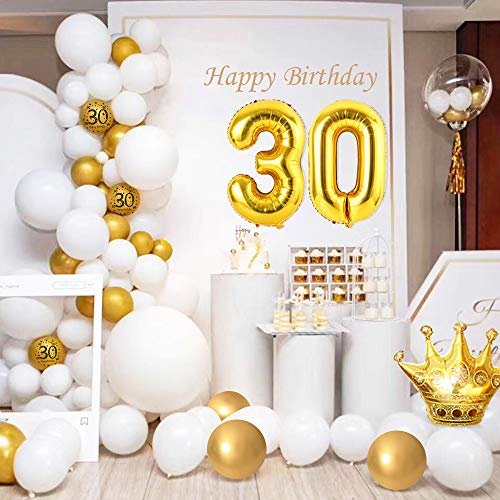 30 Cumpleaños Decoraciones para Mujeres Hombres, Happy Birthday 30 Globos Foil, Globos Oro Blanco metálico, Globos Confeti Oro, Globos Estrella, Bandera del empavesado Estrellas Oro, Adorno de Torta