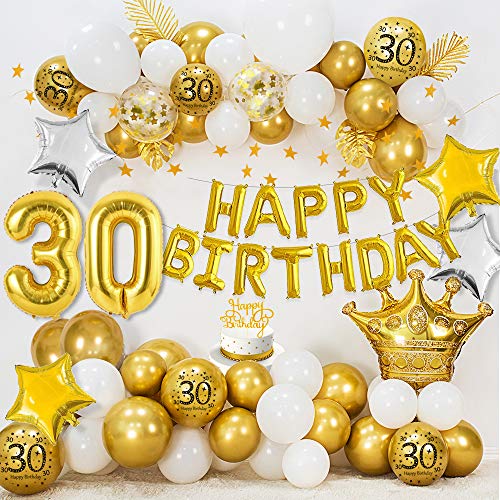 30 Cumpleaños Decoraciones para Mujeres Hombres, Happy Birthday 30 Globos Foil, Globos Oro Blanco metálico, Globos Confeti Oro, Globos Estrella, Bandera del empavesado Estrellas Oro, Adorno de Torta