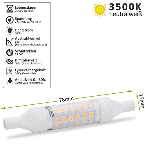 4x Lumare R7s LED 5W 78mm 230V Foco Capacidad equivalente a 50W bombilla halógena Foco Bombilla para halógeno (3500 K blanco cálido hasta blanco neutro)