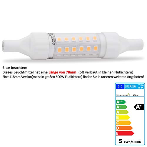 4x Lumare R7s LED 5W 78mm 230V Foco Capacidad equivalente a 50W bombilla halógena Foco Bombilla para halógeno (3500 K blanco cálido hasta blanco neutro)