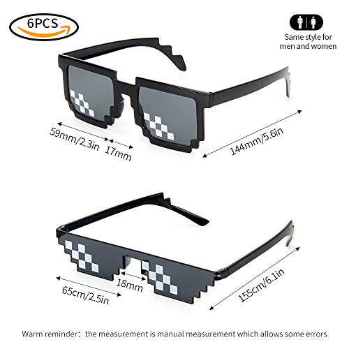 6 Pares Thug Life Sunglasses, Deal With It Gafas de Sol 8 Bits Píxeles, Mosaico, Ideal para Broma Fiestas Hombre Mujer,Negro