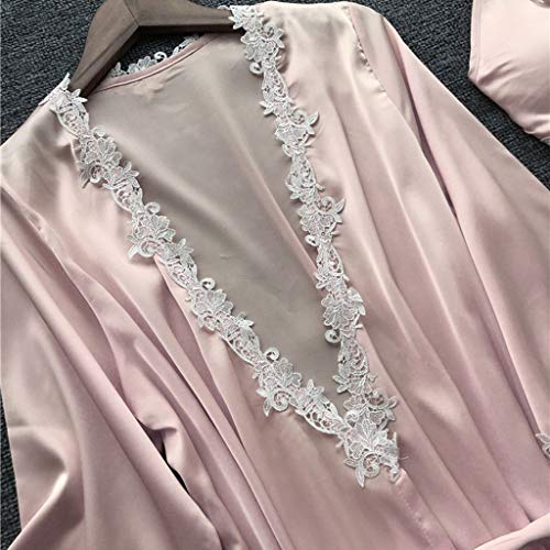 99AMZ 5PCS Bata Robe de Baño para Mujer Pijama Conjunto de Albornoces + Camisón +Tirantes + Pantalones Cortos + Pantalones Largo Satén Encaje Sexy Talla Grande Verano Ropa de Dormir (L3, Rosa)