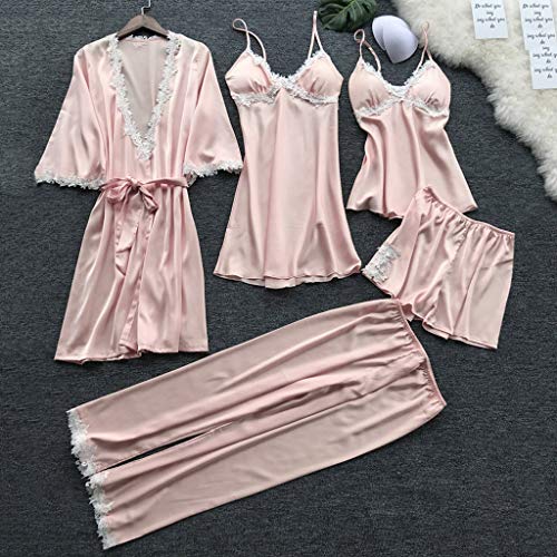 99AMZ 5PCS Bata Robe de Baño para Mujer Pijama Conjunto de Albornoces + Camisón +Tirantes + Pantalones Cortos + Pantalones Largo Satén Encaje Sexy Talla Grande Verano Ropa de Dormir (L3, Rosa)