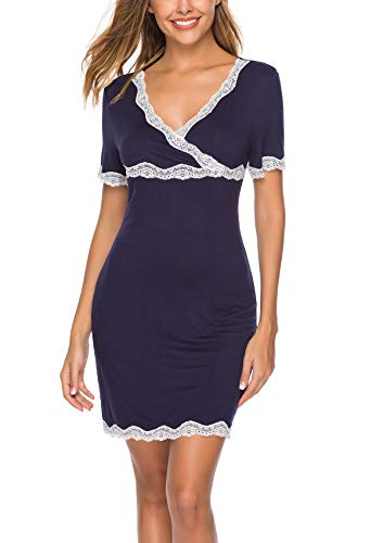 ABirdon Camisón Mujer con Cuello en V Manga Encaje Corta Algodon Ropa de Dormir Pijamas Vestir Camisónes S-XXL