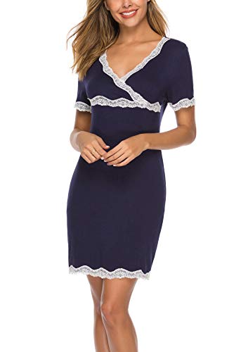 ABirdon Camisón Mujer con Cuello en V Manga Encaje Corta Algodon Ropa de Dormir Pijamas Vestir Camisónes S-XXL