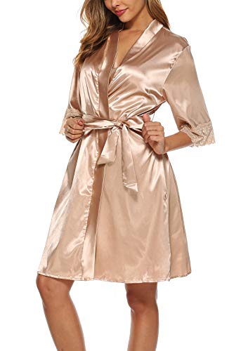 ABirdon Kimono Mujer Bata para Satén Batas Cortos Adorno de Encaje Dormir de Albornoz para Despedida de Soltera, Boda, Fiesta