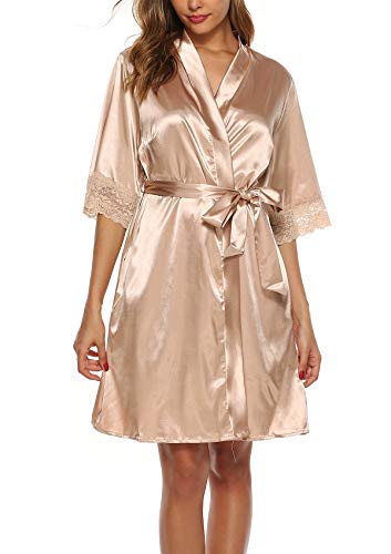 ABirdon Kimono Mujer Bata para Satén Batas Cortos Adorno de Encaje Dormir de Albornoz para Despedida de Soltera, Boda, Fiesta