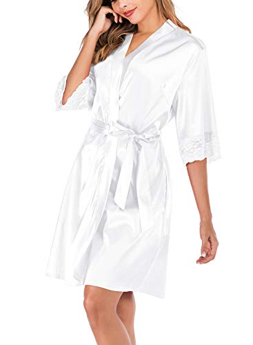ABirdon Kimono Mujer Bata para Satén Batas Cortos Adorno de Encaje Dormir de Albornoz para Despedida de Soltera, Boda, Fiesta