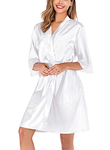 ABirdon Kimono Mujer Bata para Satén Batas Cortos Adorno de Encaje Dormir de Albornoz para Despedida de Soltera, Boda, Fiesta