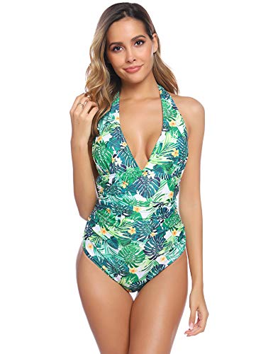 Abollria 2020 Traje de Baño de Una Pieza para Mujer con Push-Up Ropa de Baño sin Hombros Floral Monokinis Halter Bañador Escotado Sexy para Verano