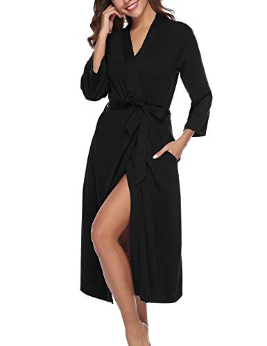 Abollria Bata para Mujer Algodón con Escote en V Albornoz de Kimono de Mujer Ropa de Dormir con Cinturón Negro,L