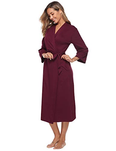 Abollria Bata para Mujer Algodón con Escote en V Albornoz de Kimono de Mujer Ropa de Dormir con Cinturón (XL, Vino Rojo)