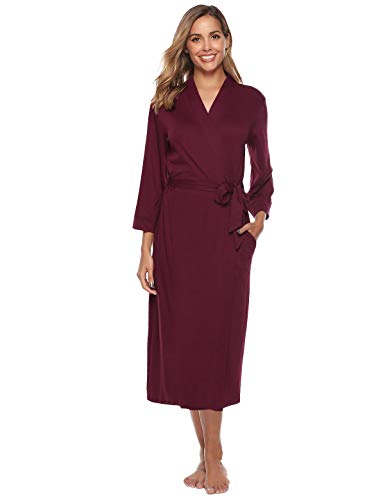 Abollria Bata para Mujer Algodón con Escote en V Albornoz de Kimono de Mujer Ropa de Dormir con Cinturón (XL, Vino Rojo)