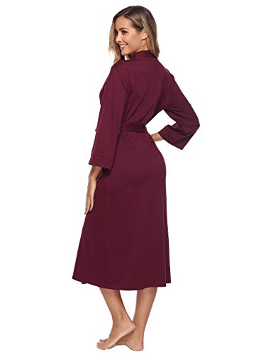 Abollria Bata para Mujer Algodón con Escote en V Albornoz de Kimono de Mujer Ropa de Dormir con Cinturón (XL, Vino Rojo)