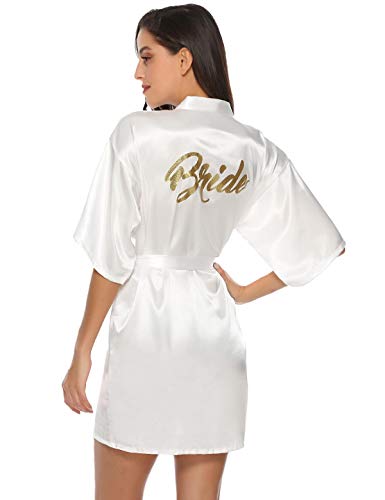 Abollria Bata para Mujer Kimono de Seda Corto para la Boda Novia Fiesta Bride Blanco,L