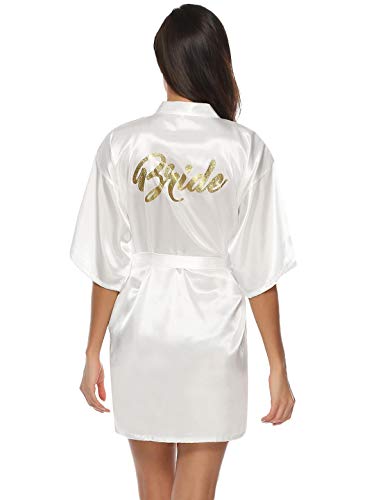 Abollria Bata para Mujer Kimono de Seda Corto para la Boda Novia Fiesta Bride Blanco,L