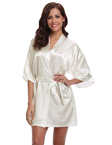 Abollria Bata para Mujer Kimono de Seda Corto para la Boda Novia Fiesta Bride Blanco,XL