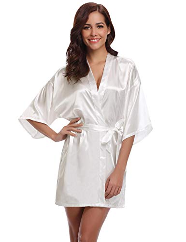 Abollria Bata para Mujer Kimono de Seda Corto para la Boda Novia Fiesta Bride Blanco,XL