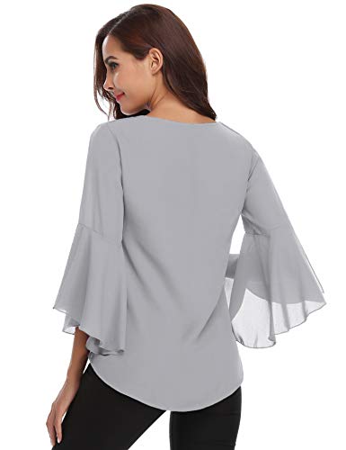 Abollria Camisas Mujer 3/4 Mangas Elegante Blusa Verano Camisetas de Gasa Cuello V Casual Chiffon Top Mangas Acampanadas para Primavera Otoño, Gris, XXL