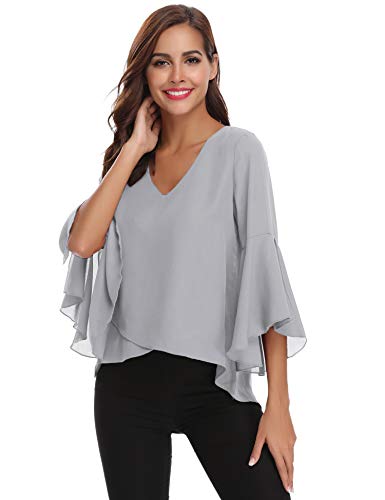 Abollria Camisas Mujer 3/4 Mangas Elegante Blusa Verano Camisetas de Gasa Cuello V Casual Chiffon Top Mangas Acampanadas para Primavera Otoño, Gris, XXL