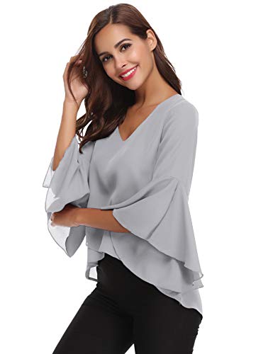 Abollria Camisas Mujer 3/4 Mangas Elegante Blusa Verano Camisetas de Gasa Cuello V Casual Chiffon Top Mangas Acampanadas para Primavera Otoño, Gris, XXL