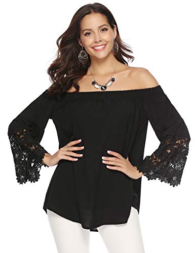 Abollria Camiseta Casual para Mujer con Hombros Descubiertos Camisa con Escote Bardot T-Shirt Larga sin Hombros para Primavera Verano