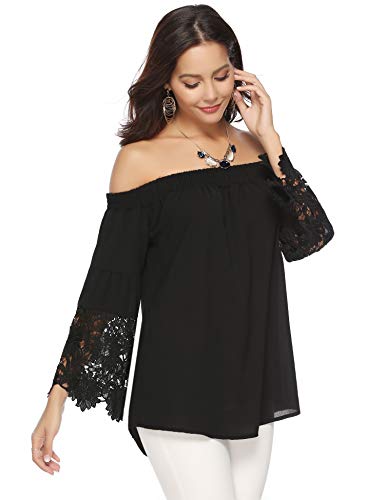 Abollria Camiseta Casual para Mujer con Hombros Descubiertos Camisa con Escote Bardot T-Shirt Larga sin Hombros para Primavera Verano