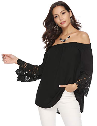 Abollria Camiseta Casual para Mujer con Hombros Descubiertos Camisa con Escote Bardot T-Shirt Larga sin Hombros para Primavera Verano
