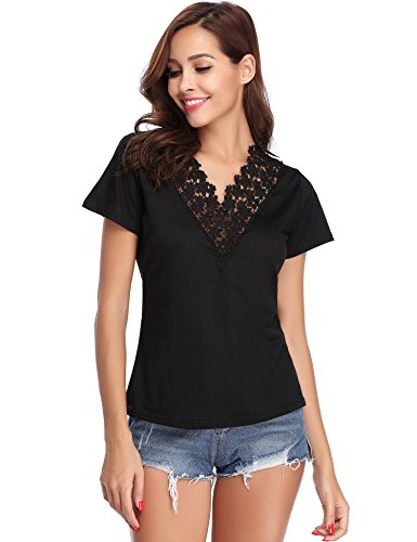 Abollria Camiseta Manga Corta para Mujer Camisa Algodón Casual Blusa con Bordado Sexy tee Shirt Cuello-V Deportivo T-Shirt Elasticidad Transpirable Basic Top para Verano Negro S