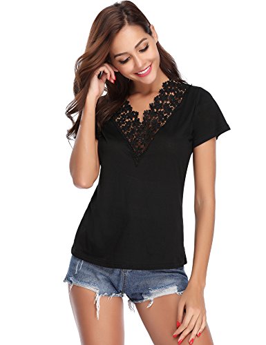 Abollria Camiseta Manga Corta para Mujer Camisa Algodón Casual Blusa con Bordado Sexy tee Shirt Cuello-V Deportivo T-Shirt Elasticidad Transpirable Basic Top para Verano Negro S