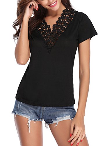 Abollria Camiseta Manga Corta para Mujer Camisa Algodón Casual Blusa con Bordado Sexy tee Shirt Cuello-V Deportivo T-Shirt Elasticidad Transpirable Basic Top para Verano Negro S