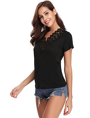 Abollria Camiseta Manga Corta para Mujer Camisa Algodón Casual Blusa con Bordado Sexy tee Shirt Cuello-V Deportivo T-Shirt Elasticidad Transpirable Basic Top para Verano Negro S